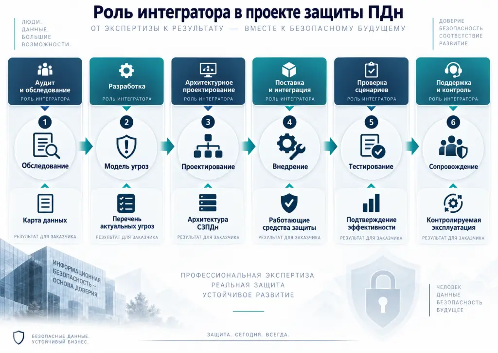 Роль интегратора в проекте защиты ПДн Схема работы системного интегратора: аудит и обследование, модель угроз, архитектура, подбор решений, внедрение и интеграция, тестирование, документация и сопровождение