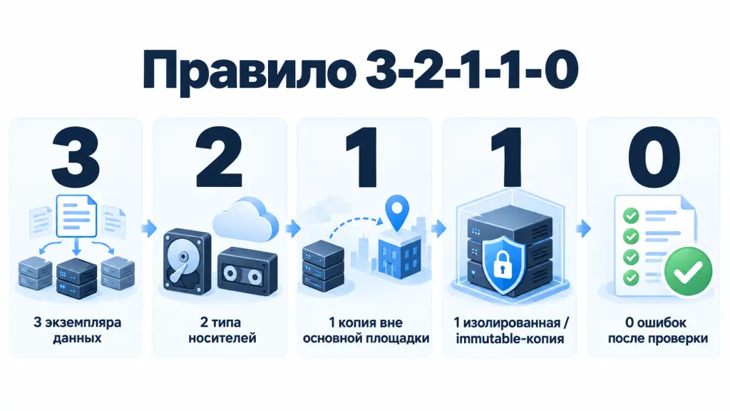 Правило резервного копирования 3-2-1-1-0 Инфографика правила 3-2-1-1-0: три экземпляра данных, два разных типа хранения, одна копия вне основной площадки, одна изолированная или неизменяемая копия и ноль ошибок после проверки.