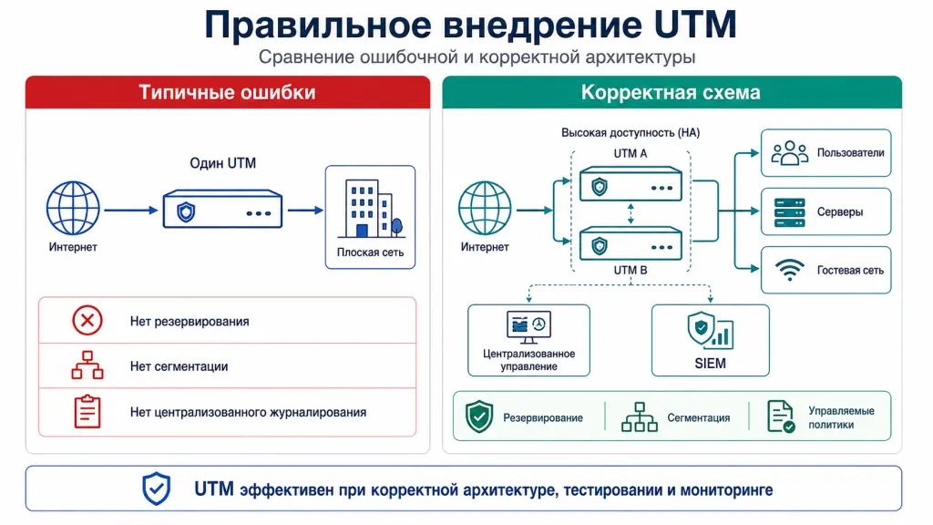 Сравнение двух архитектур: одиночный UTM без сегментации и мониторинга и отказоустойчивая конфигурация UTM с сегментацией сети, SIEM, VPN и централизованным управлением