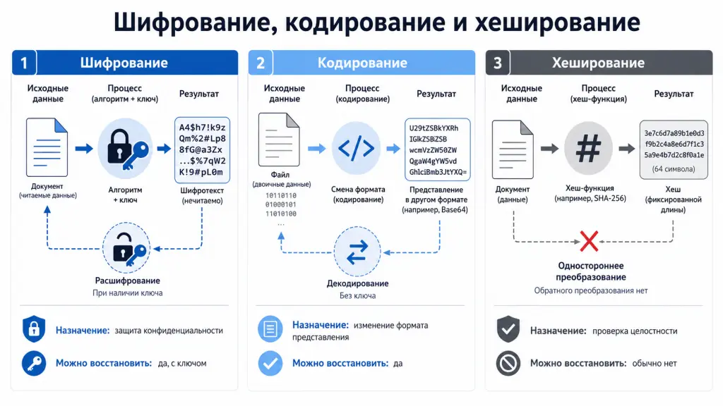 Схема сравнивает шифрование, кодирование и хеширование по назначению, наличию ключа и возможности восстановления данных