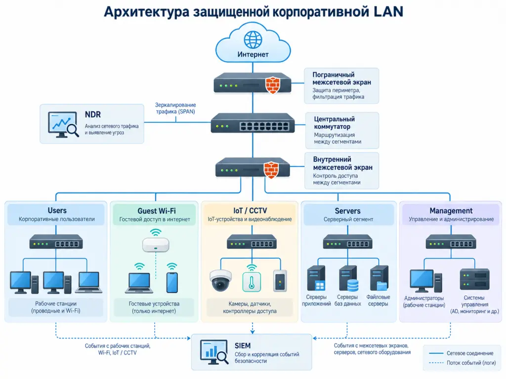 Архитектурная схема защищенной корпоративной сети: пользовательский VLAN, гостевой Wi-Fi, IoT и видеонаблюдение, серверный и административный сегменты, NAC, внутренний межсетевой экран, NDR и SIEM.