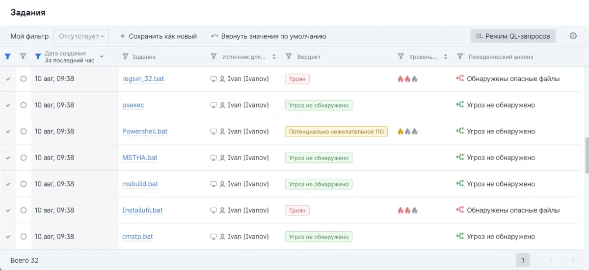 Список заданий на проверку